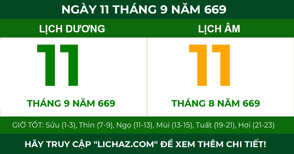 lịch âm ngày 11 tháng 9 năm 669