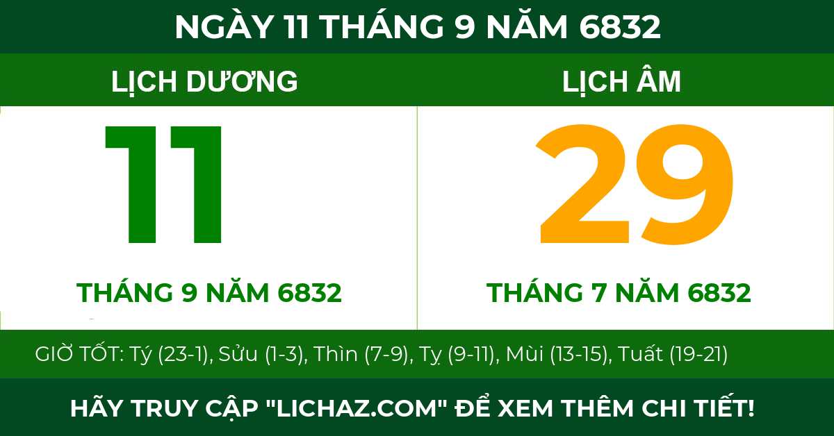 lịch âm ngày 11 tháng 9 năm 6832