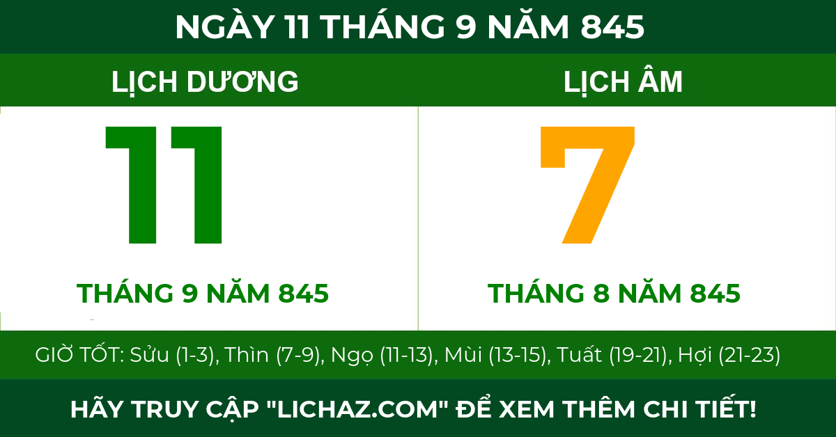 lịch âm ngày 11 tháng 9 năm 845