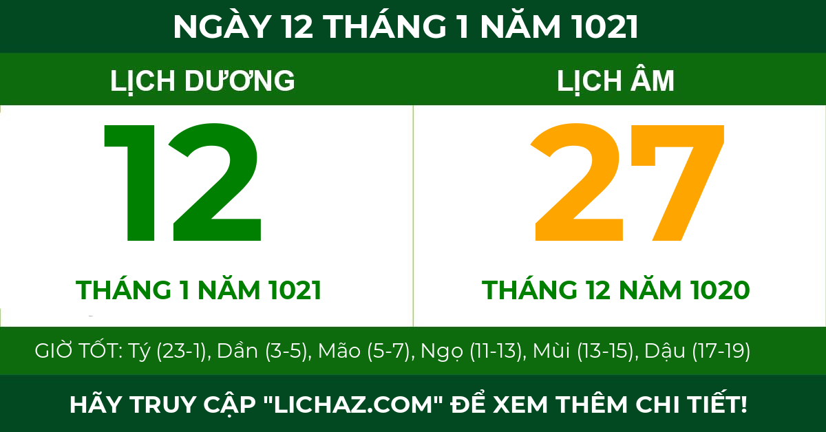 lịch âm ngày 12 tháng 1 năm 1021