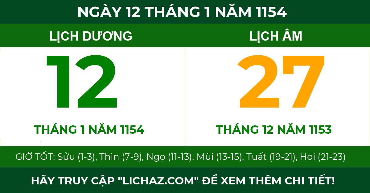 lịch âm ngày 12 tháng 1 năm 1154