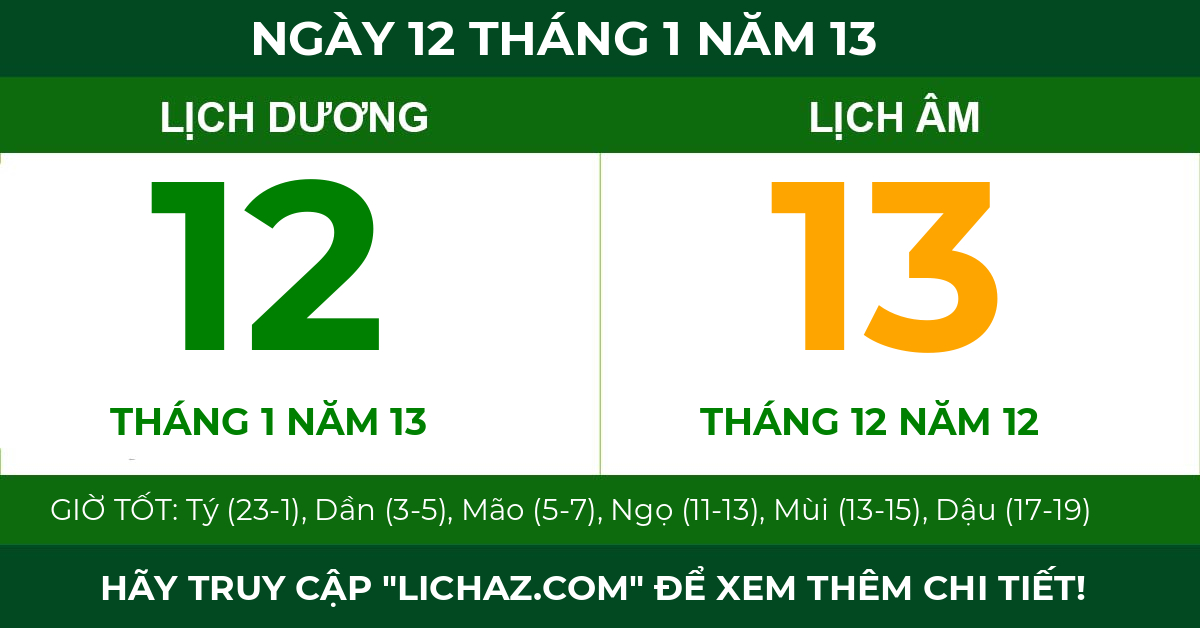 lịch âm ngày 12 tháng 1 năm 13