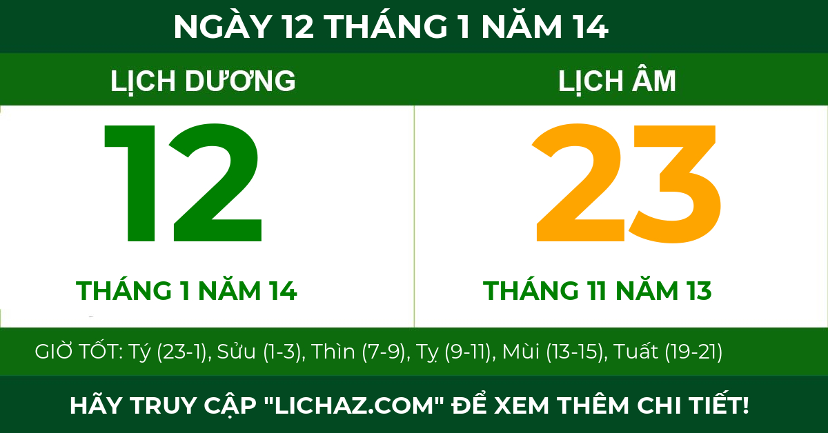 lịch âm ngày 12 tháng 1 năm 14
