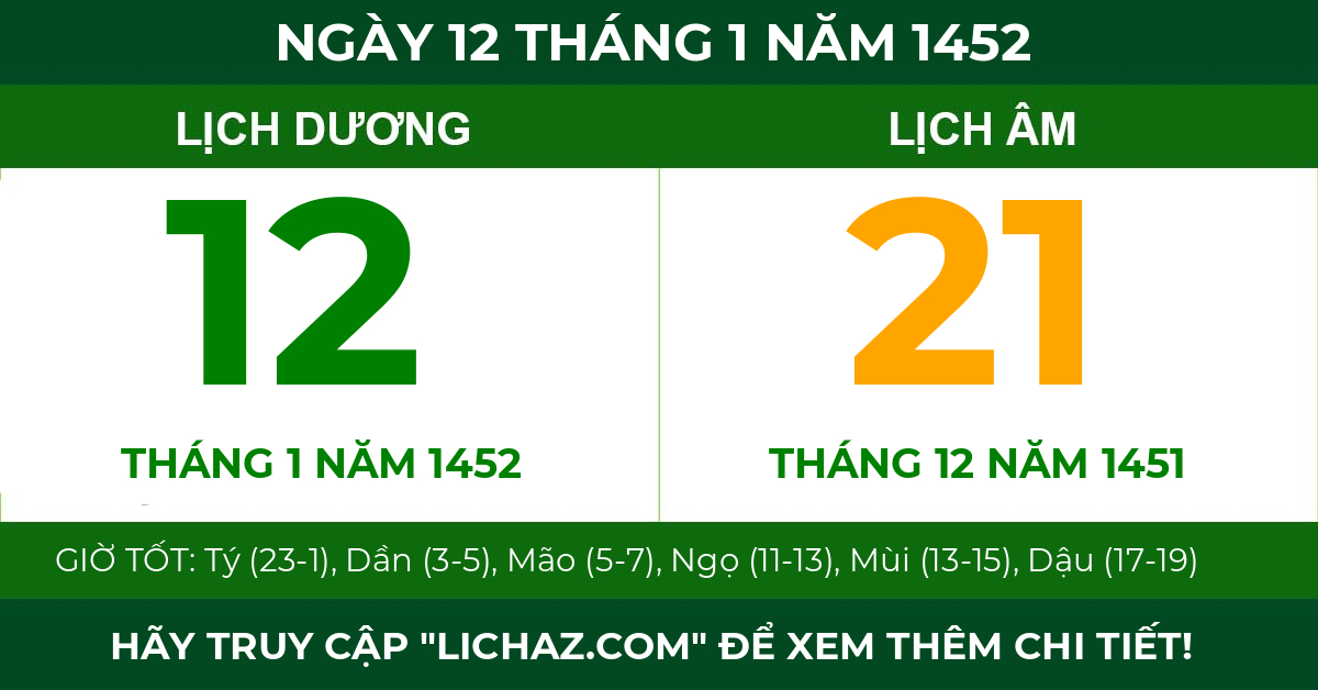 lịch âm ngày 12 tháng 1 năm 1452