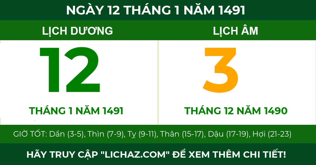 lịch âm ngày 12 tháng 1 năm 1491