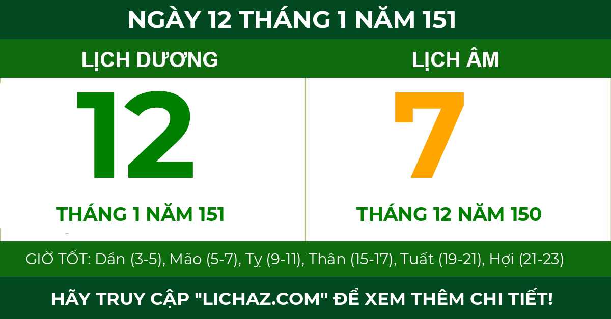 lịch âm ngày 12 tháng 1 năm 151