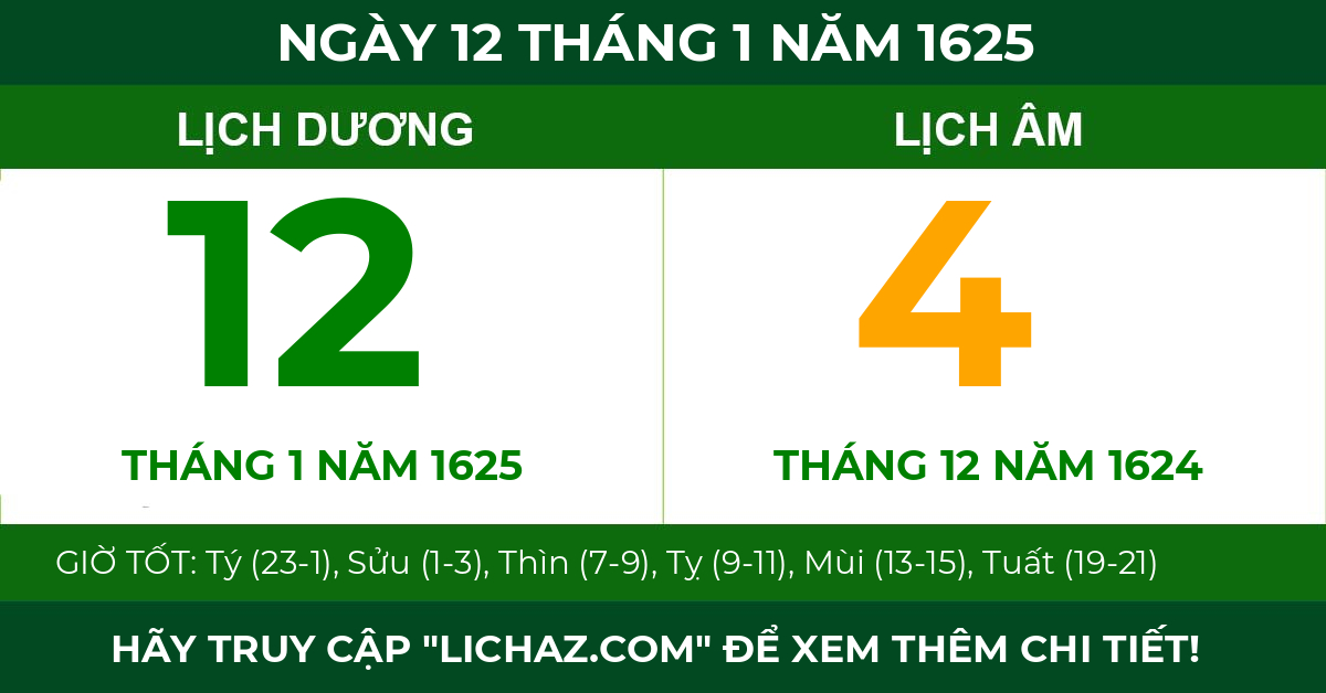 lịch âm ngày 12 tháng 1 năm 1625