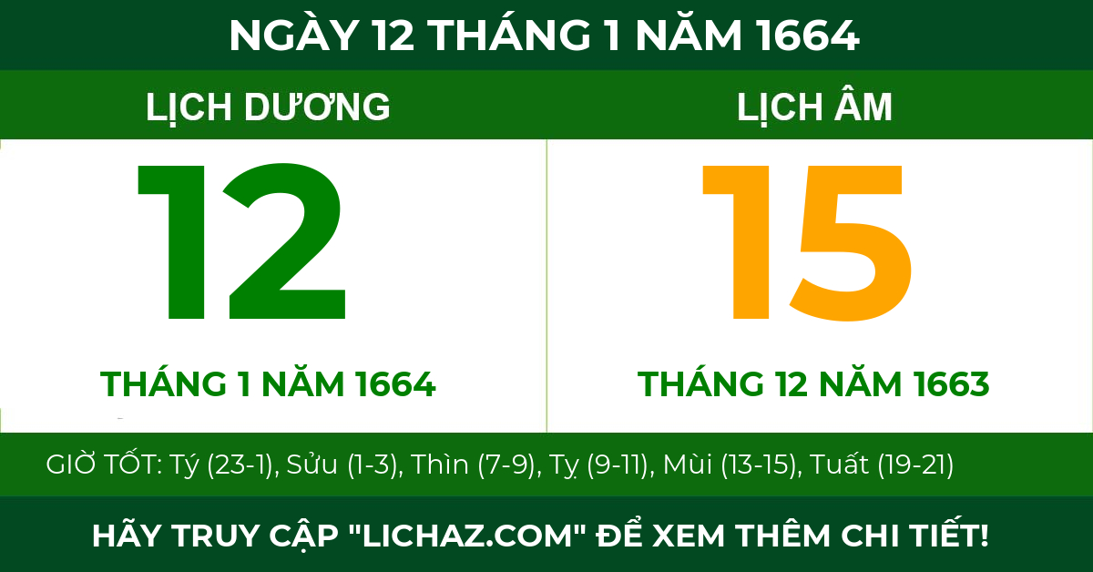 lịch âm ngày 12 tháng 1 năm 1664