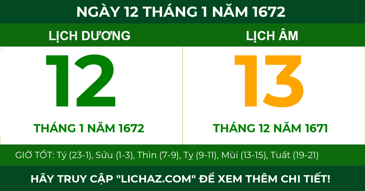 lịch âm ngày 12 tháng 1 năm 1672