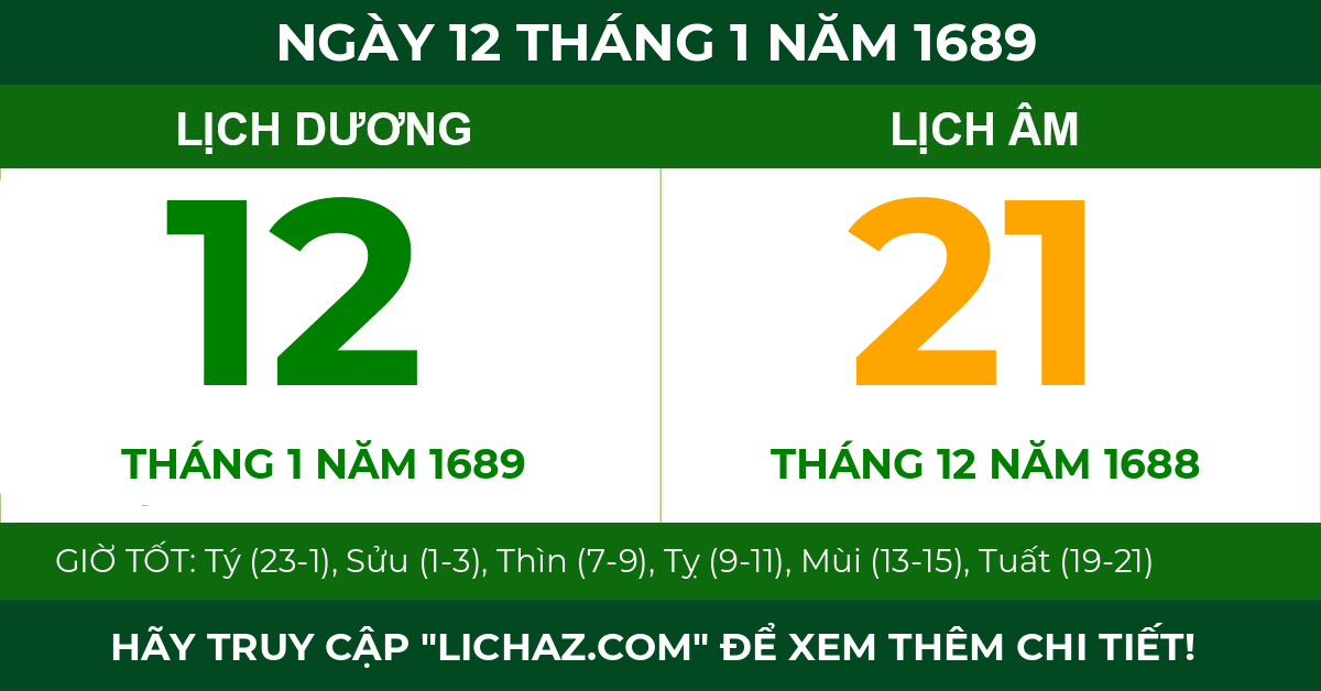 lịch âm ngày 12 tháng 1 năm 1689