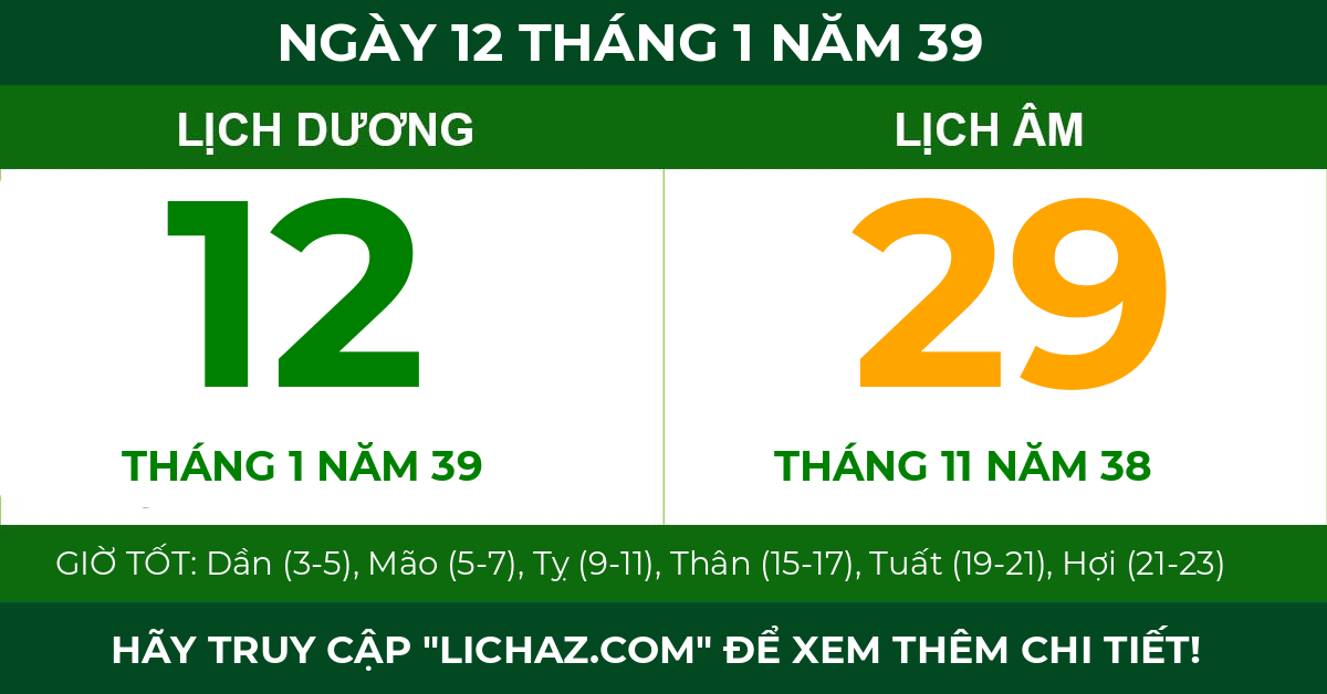 lịch âm ngày 12 tháng 1 năm 39