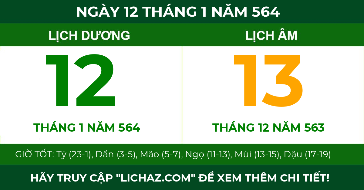 lịch âm ngày 12 tháng 1 năm 564