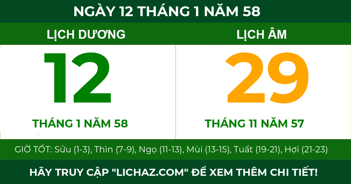 lịch âm ngày 12 tháng 1 năm 58