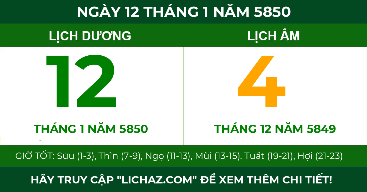 lịch âm ngày 12 tháng 1 năm 5850