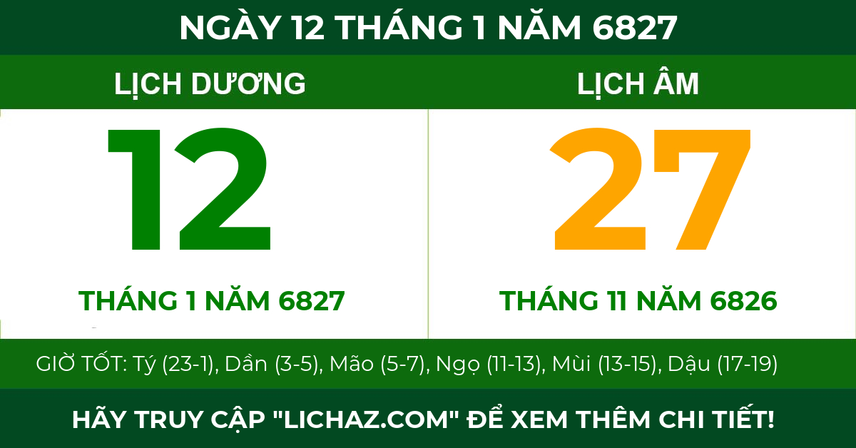 lịch âm ngày 12 tháng 1 năm 6827