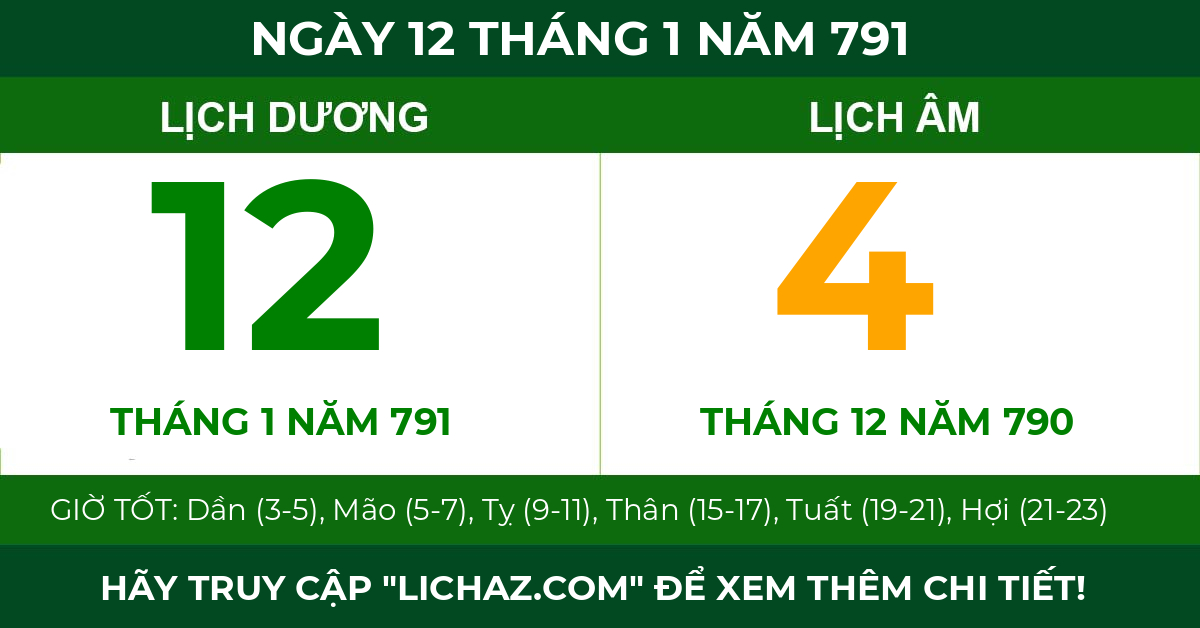 lịch âm ngày 12 tháng 1 năm 791