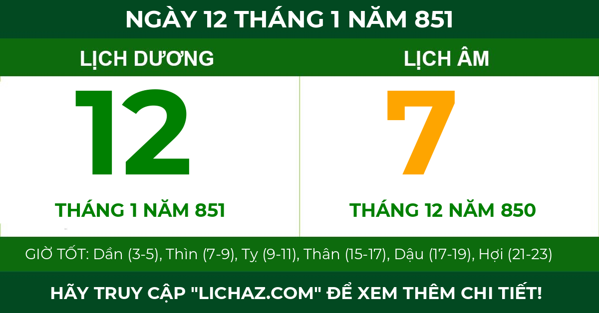 lịch âm ngày 12 tháng 1 năm 851