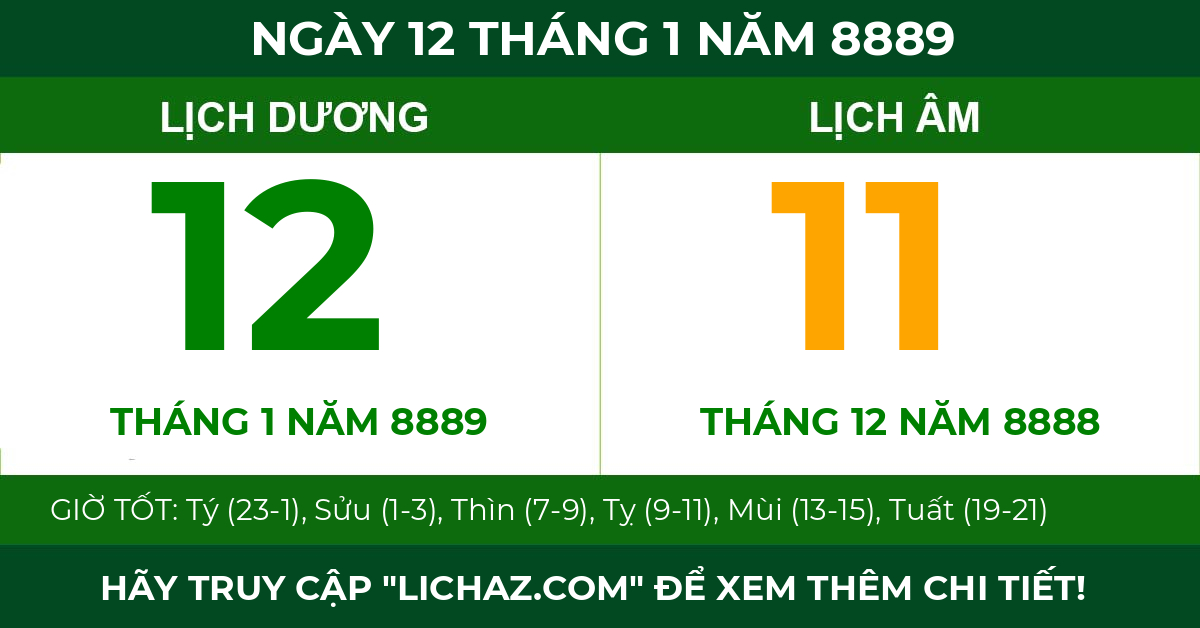 lịch âm ngày 12 tháng 1 năm 8889