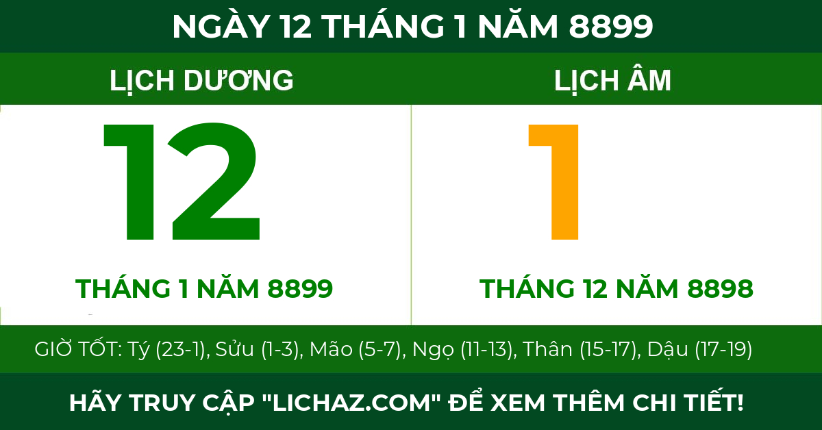 lịch âm ngày 12 tháng 1 năm 8899