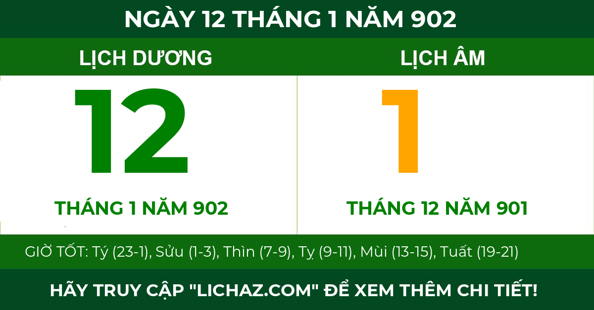 lịch âm ngày 12 tháng 1 năm 902