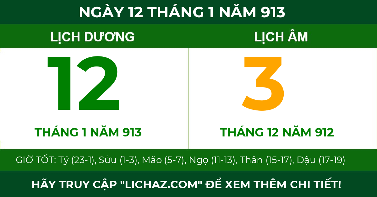 lịch âm ngày 12 tháng 1 năm 913