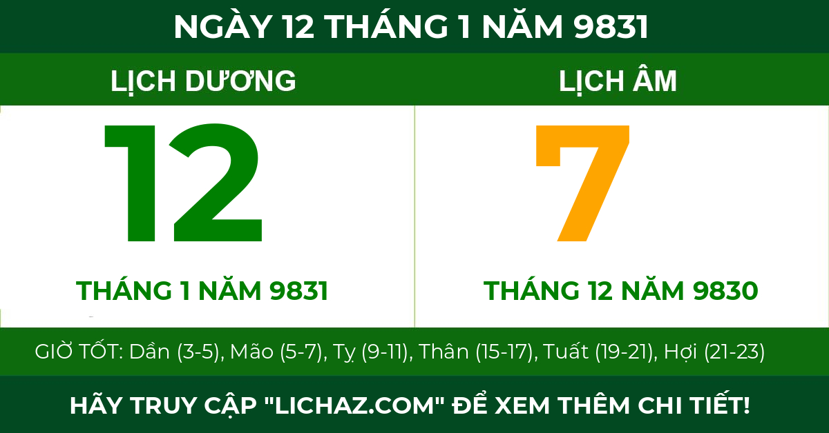 lịch âm ngày 12 tháng 1 năm 9831
