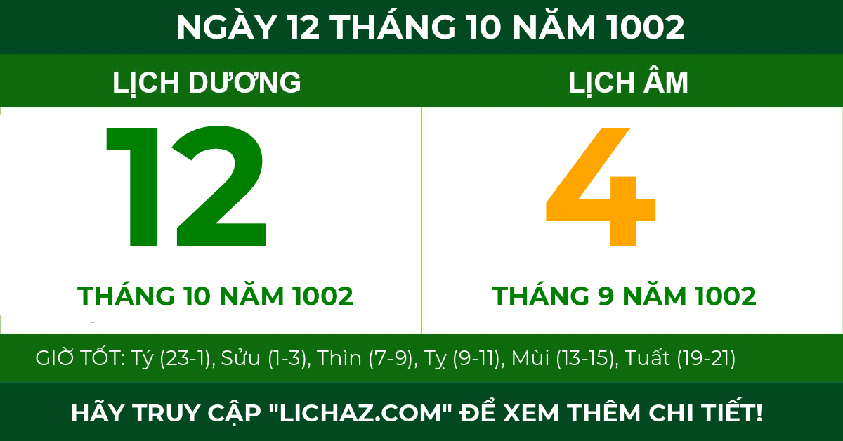 lịch âm ngày 12 tháng 10 năm 1002