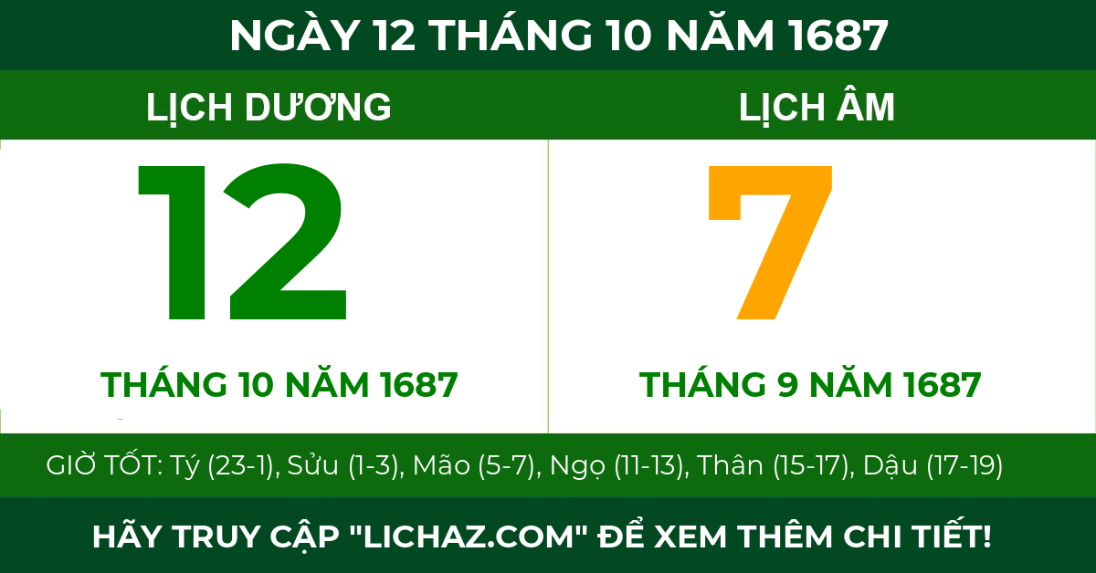 lịch âm ngày 12 tháng 10 năm 1687