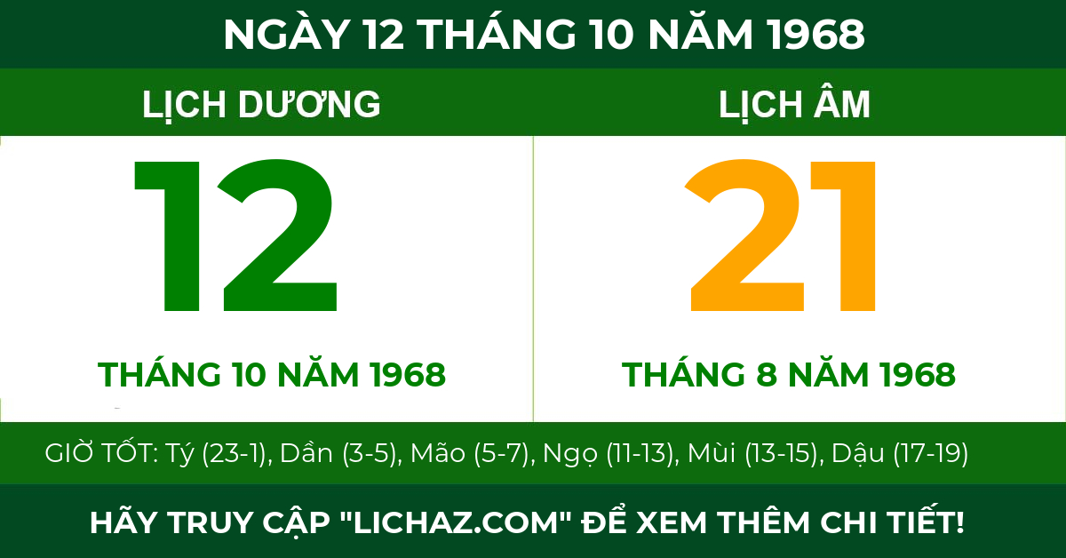 lịch âm ngày 12 tháng 10 năm 1968