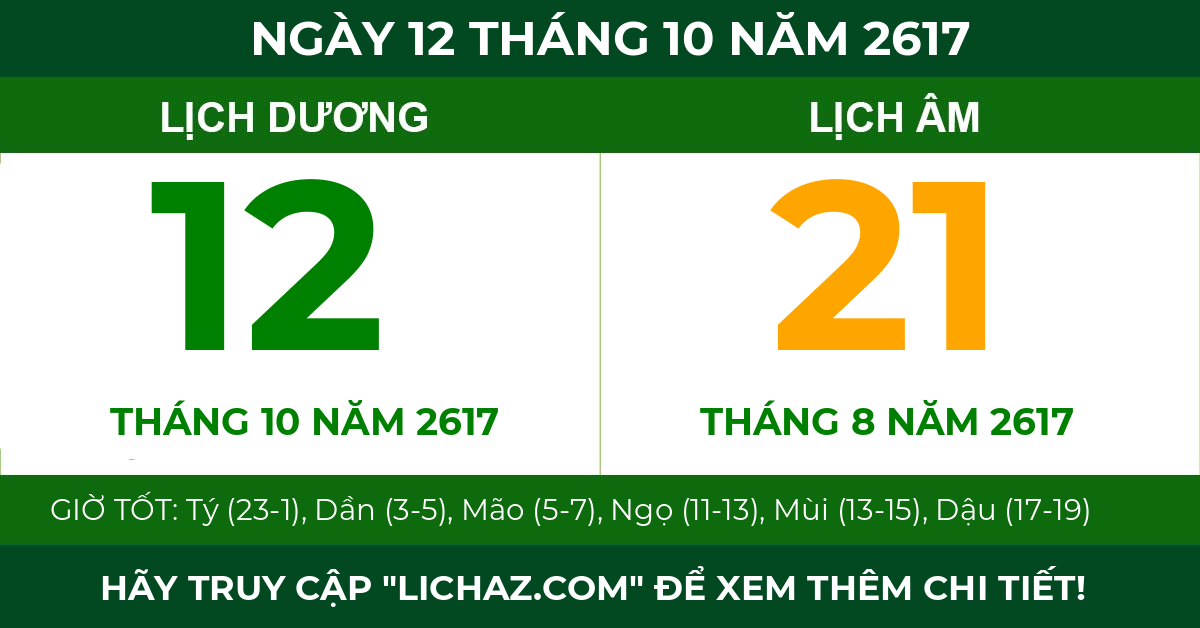 lịch âm ngày 12 tháng 10 năm 2617