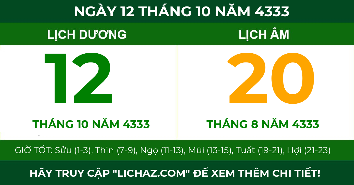 lịch âm ngày 12 tháng 10 năm 4333