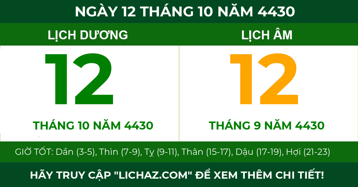 lịch âm ngày 12 tháng 10 năm 4430