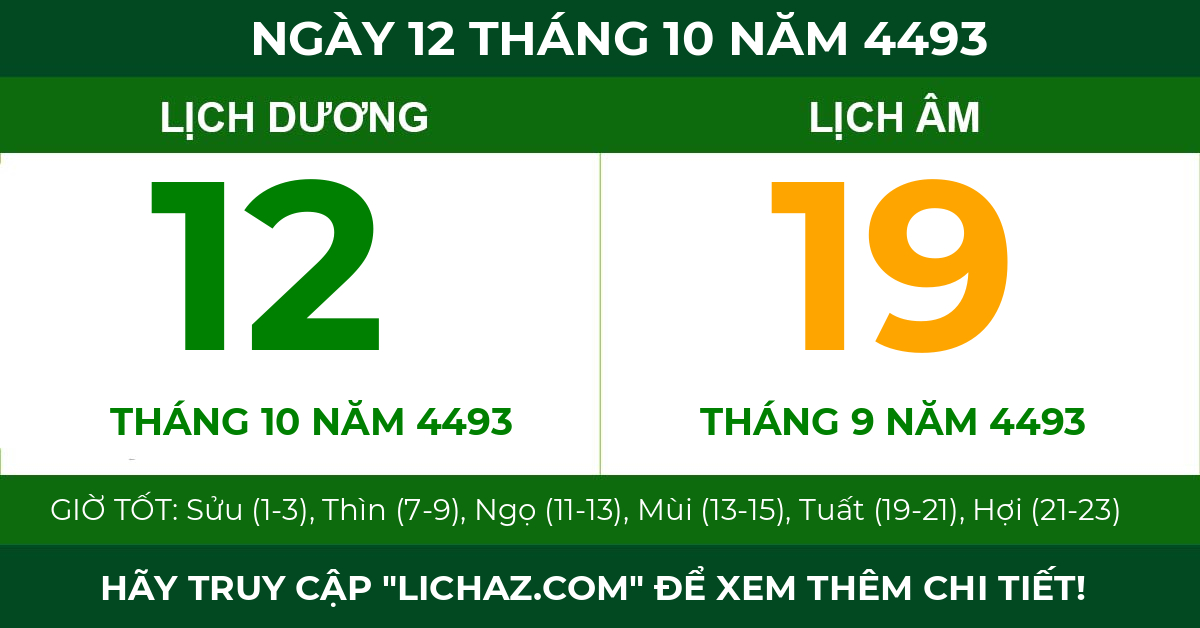 lịch âm ngày 12 tháng 10 năm 4493