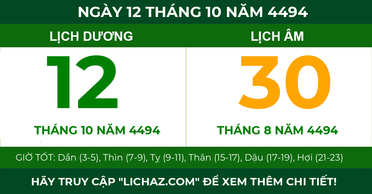 lịch âm ngày 12 tháng 10 năm 4494