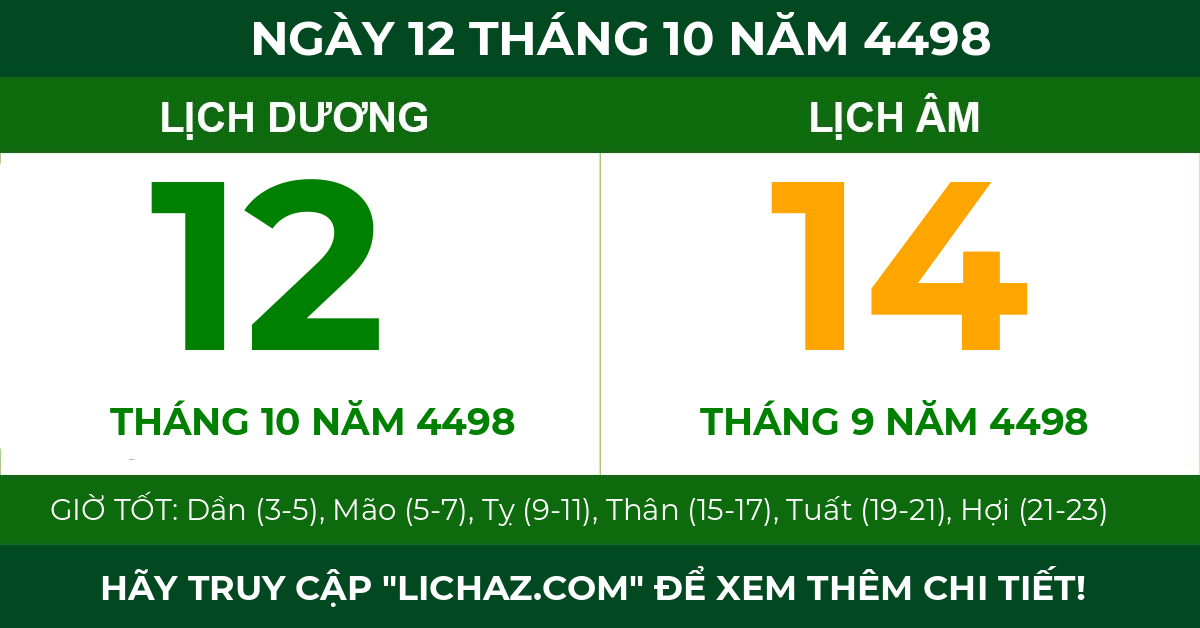 lịch âm ngày 12 tháng 10 năm 4498