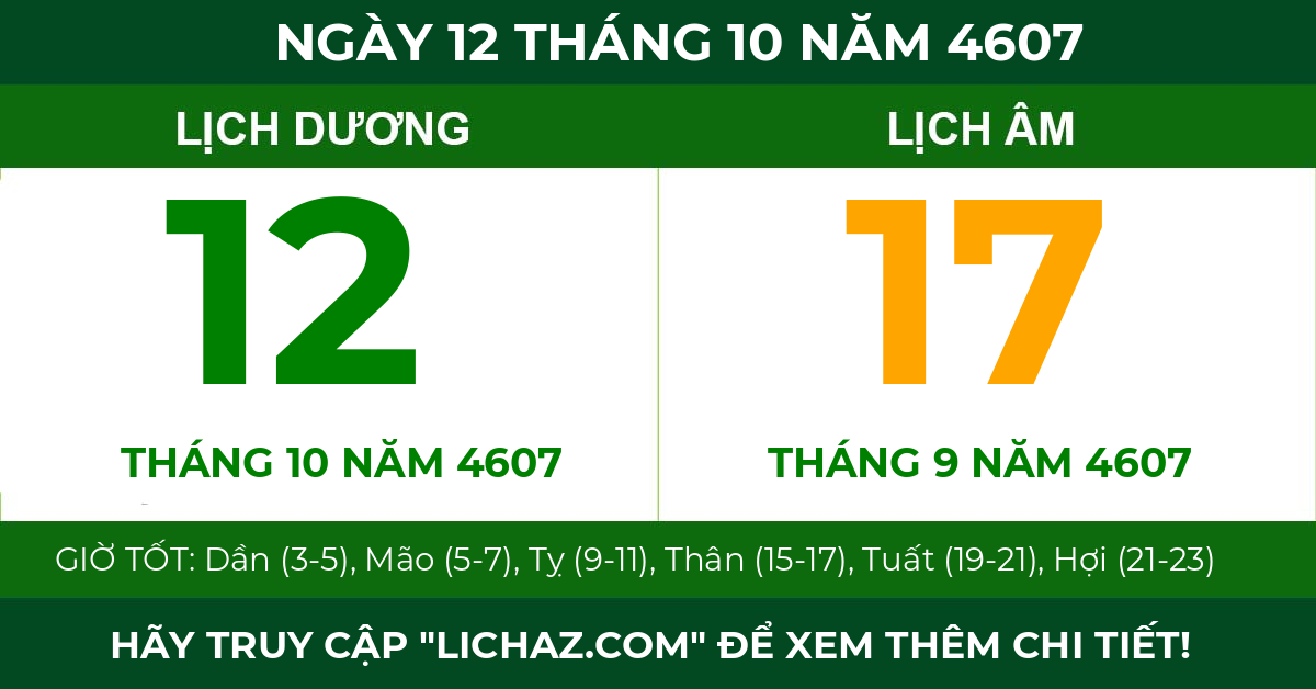 lịch âm ngày 12 tháng 10 năm 4607