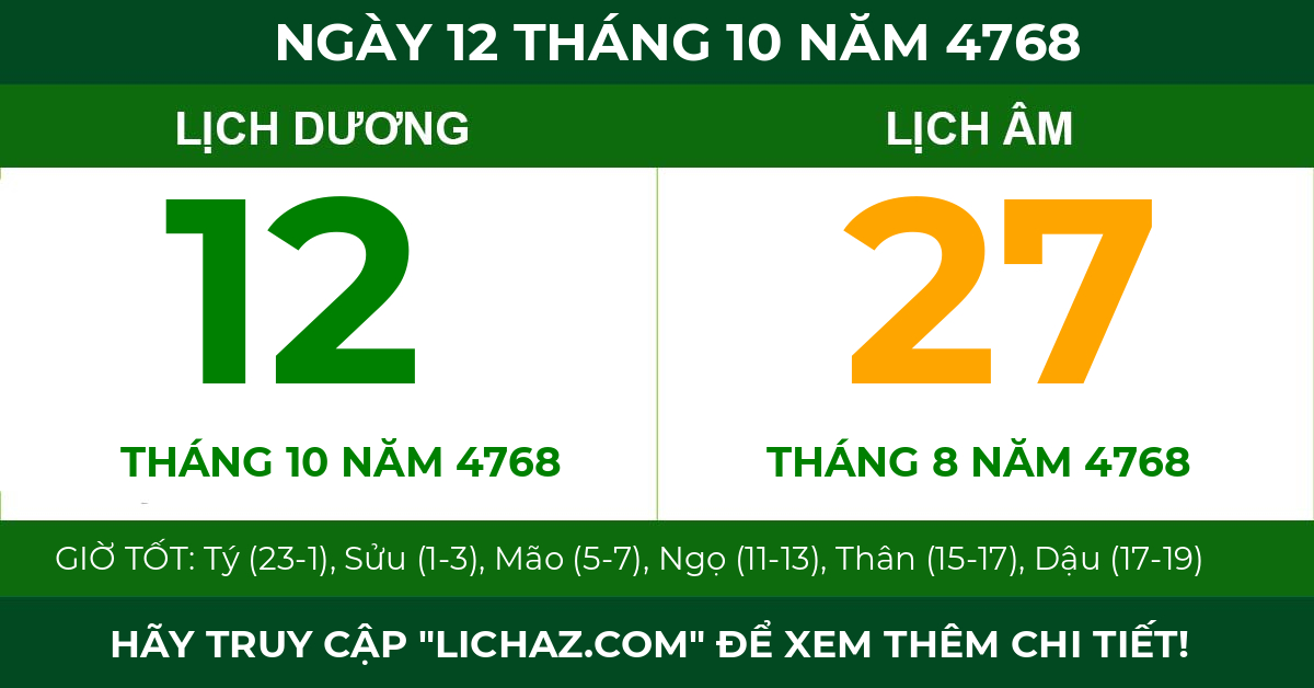 lịch âm ngày 12 tháng 10 năm 4768