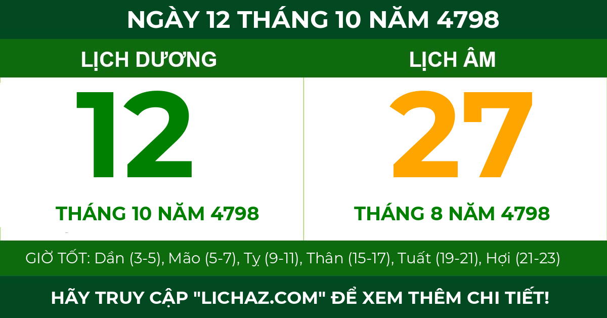 lịch âm ngày 12 tháng 10 năm 4798