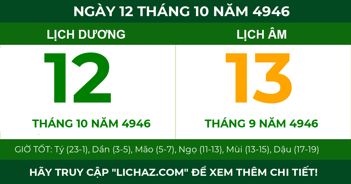 lịch âm ngày 12 tháng 10 năm 4946