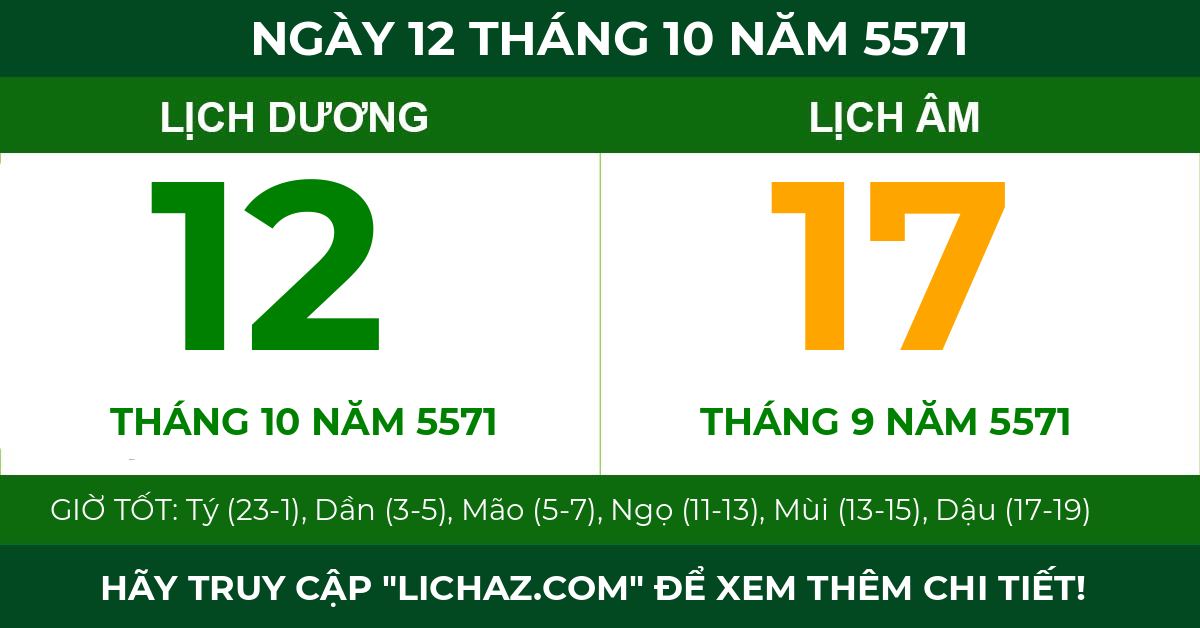 lịch âm ngày 12 tháng 10 năm 5571
