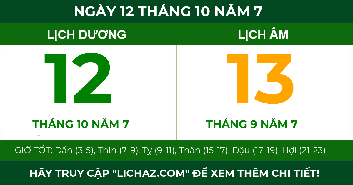 lịch âm ngày 12 tháng 10 năm 7
