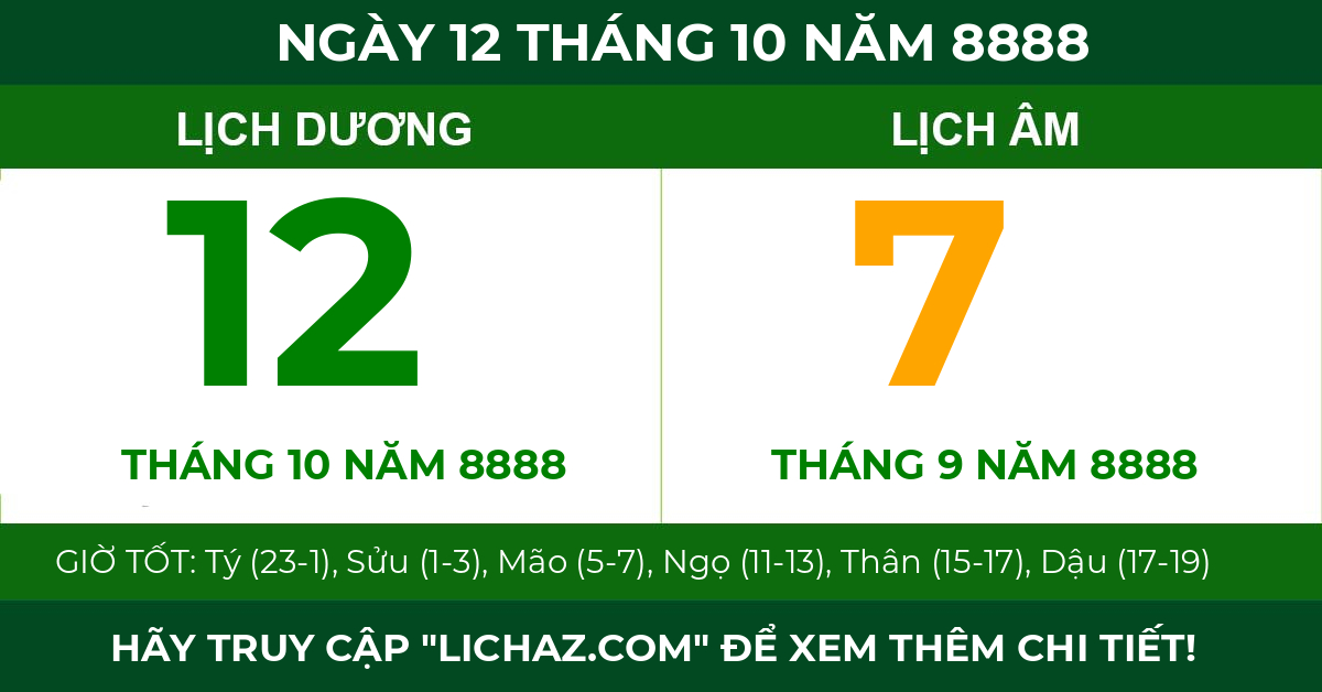 lịch âm ngày 12 tháng 10 năm 8888