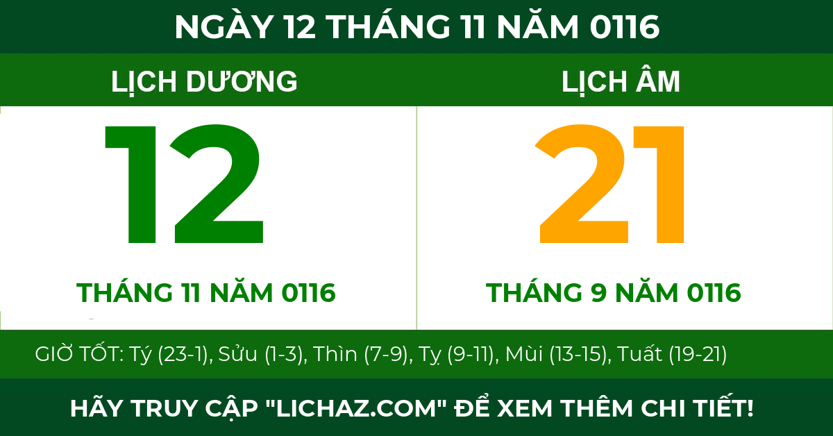 lịch âm ngày 12 tháng 11 năm 0116