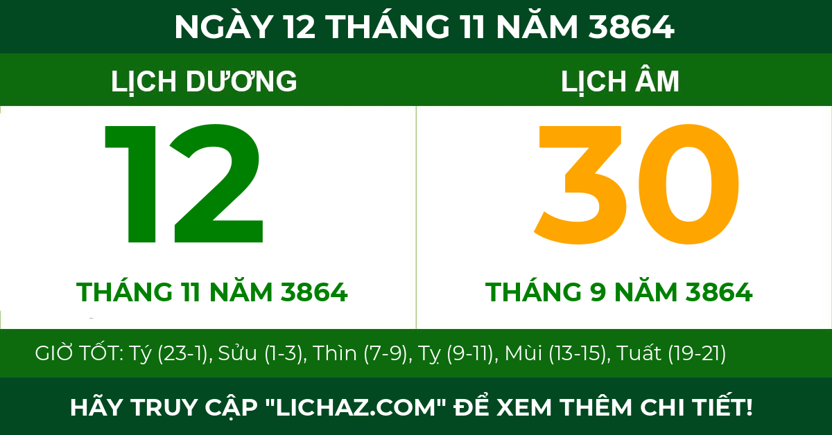 lịch âm ngày 12 tháng 11 năm 3864