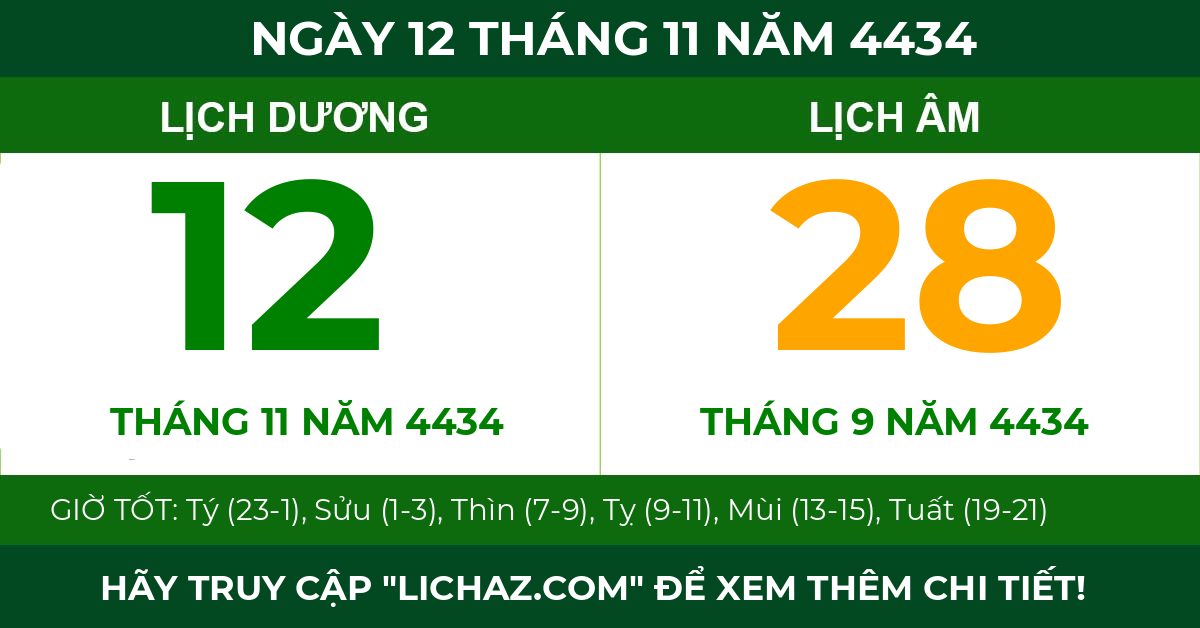 lịch âm ngày 12 tháng 11 năm 4434