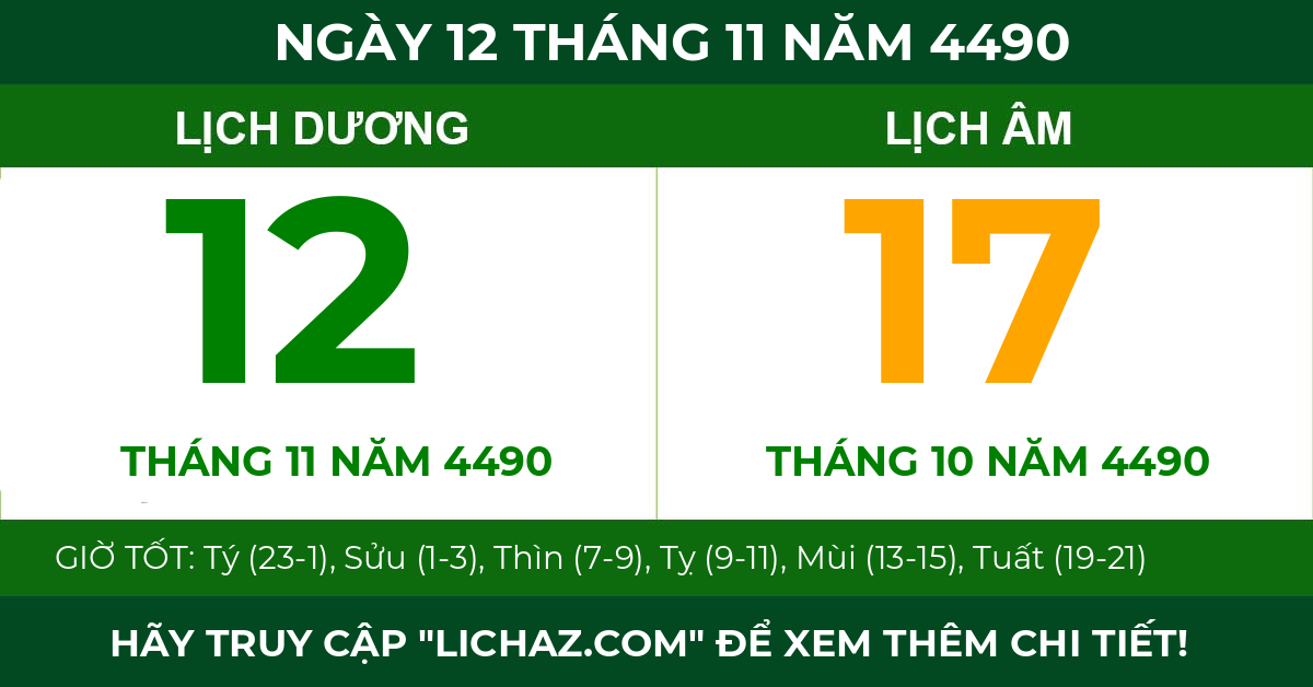 lịch âm ngày 12 tháng 11 năm 4490