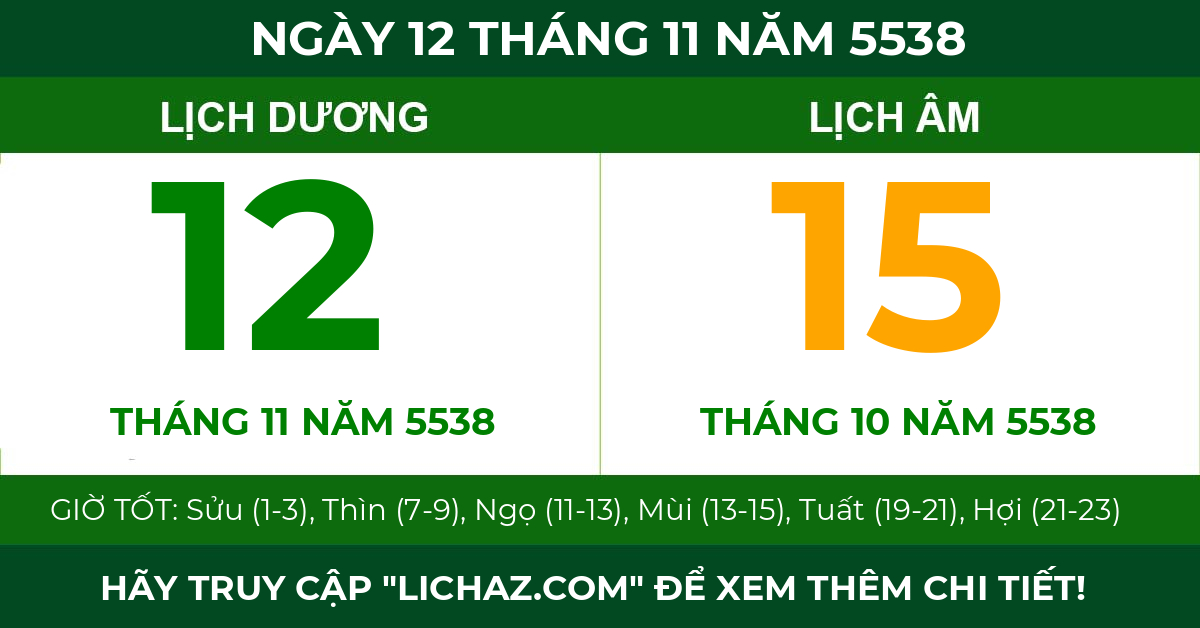 lịch âm ngày 12 tháng 11 năm 5538