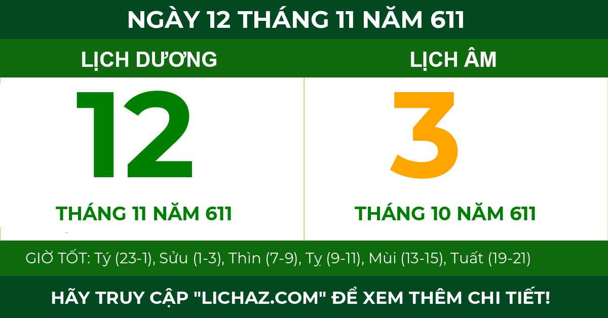 lịch âm ngày 12 tháng 11 năm 611