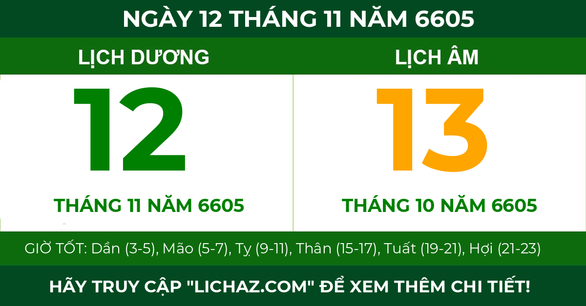 lịch âm ngày 12 tháng 11 năm 6605