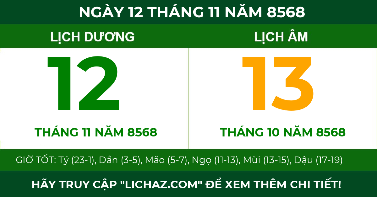 lịch âm ngày 12 tháng 11 năm 8568